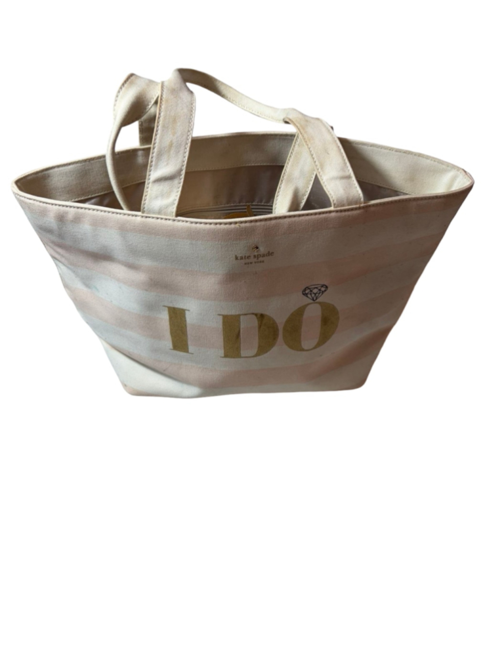 Kate Spade I Do Bridal Tote Pink Stripe Gold Wedding Bride Canvas Bag flaw